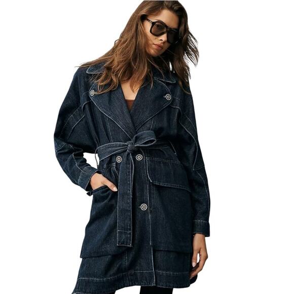 Anthropologie X Pilcro Oversized Draped Dolman Denim Trench Coat Dark Washed-M - Picture 1 of 7